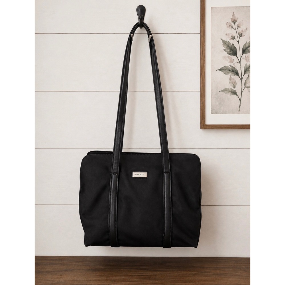 Nine West Black Nylon Shoulder Tote Handbag Triple Compartment Very Good